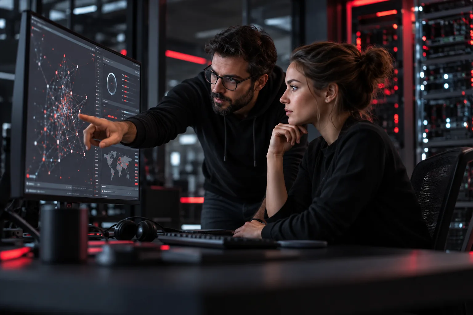 Technology specialists reviewing a digital system together